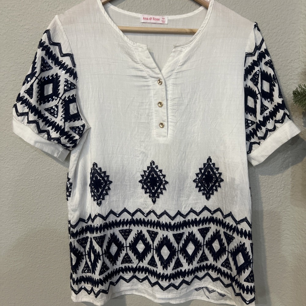 Ana Rose White Blue Sequin Geometric Blouse Top Petite Medium PM RN166768